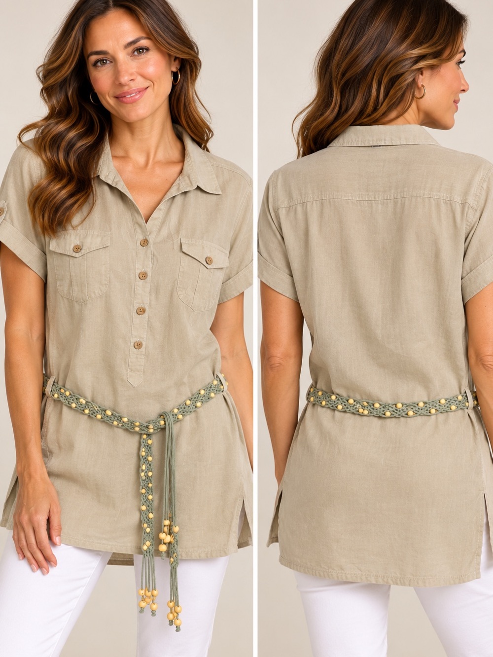 Short-Sleeve Button Tunic in Beige